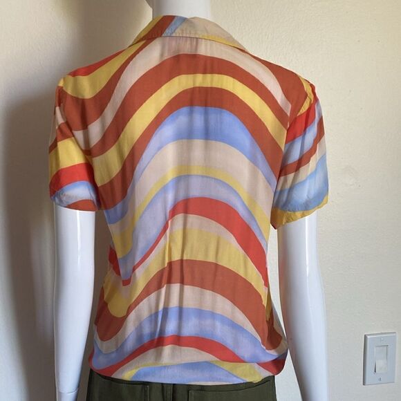 Solid and Striped Blue Orange and Cream Retro Wave 70's Style Button Down Shirt - Picture 9 of 14